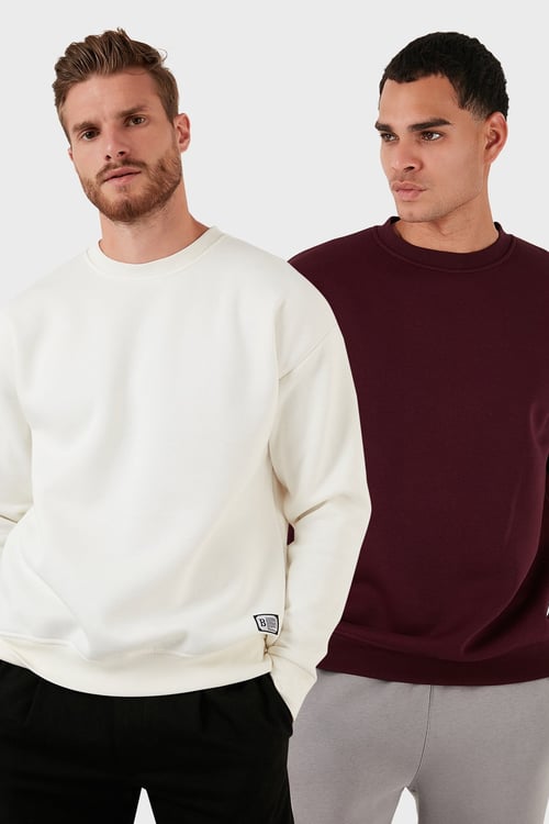 Regular Fit Bisiklet Yaka Şardonlu 2'li Paket Erkek Sweat 5905255S2 EKRU-VİŞNE