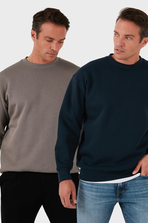 Regular Fit Bisiklet Yaka Şardonlu 2'li Paket Erkek Sweat 5905255S2 KOYU LACİVERT-TOPRAK