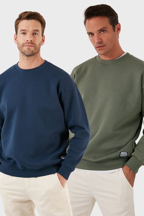 Regular Fit Bisiklet Yaka Şardonlu 2'li Paket Erkek Sweat 5905255S2 İNDİGO-HAKİ