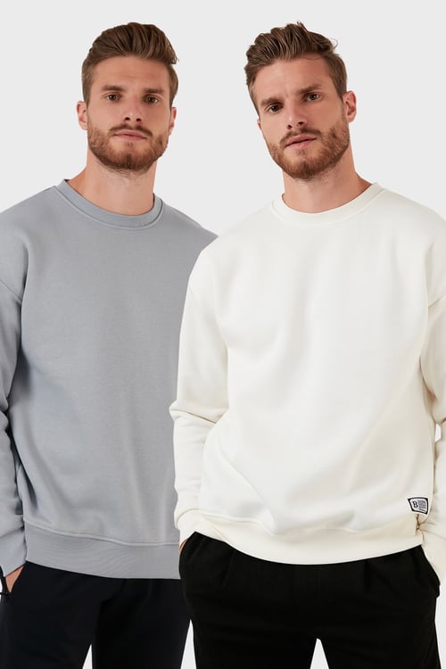 Regular Fit Bisiklet Yaka Şardonlu 2'li Paket Erkek Sweat 5905255S2 Açık Gri-Ekru