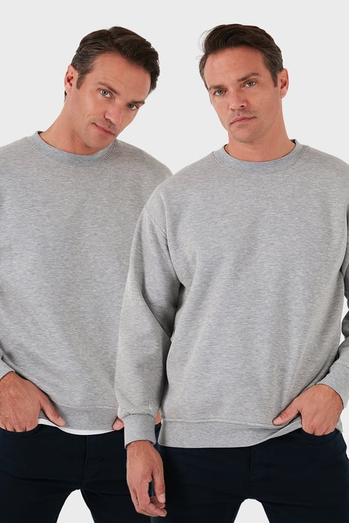 Regular Fit Bisiklet Yaka Şardonlu 2'li Paket Erkek Sweat 5905255S2 Gri Melanj-Gri Melanj
