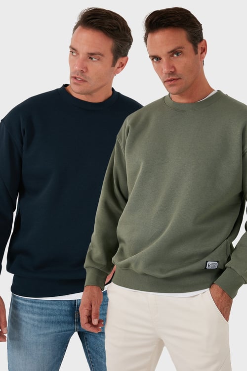 Regular Fit Bisiklet Yaka Şardonlu 2'li Paket Erkek Sweat 5905255S2 Haki-Koyu Lacivert