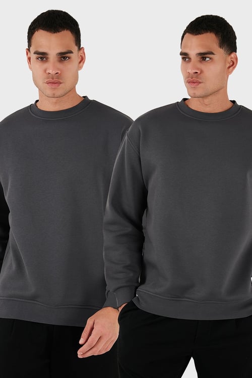 Regular Fit Bisiklet Yaka Şardonlu 2'li Paket Erkek Sweat 5905255S2 Antrasit-Antrasit