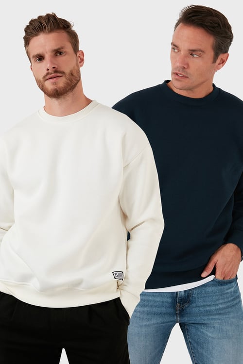 Regular Fit Bisiklet Yaka Şardonlu 2'li Paket Erkek Sweat 5905255S2 Ekru-Koyu Lacivert