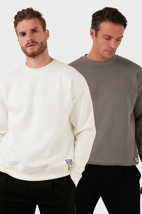 Regular Fit Bisiklet Yaka Şardonlu 2'li Paket Erkek Sweat 5905255S2 Ekru-Toprak