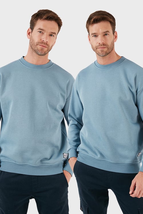 Regular Fit Bisiklet Yaka Şardonlu 2'li Paket Erkek Sweat 5905255S2 Mavi-Mavi