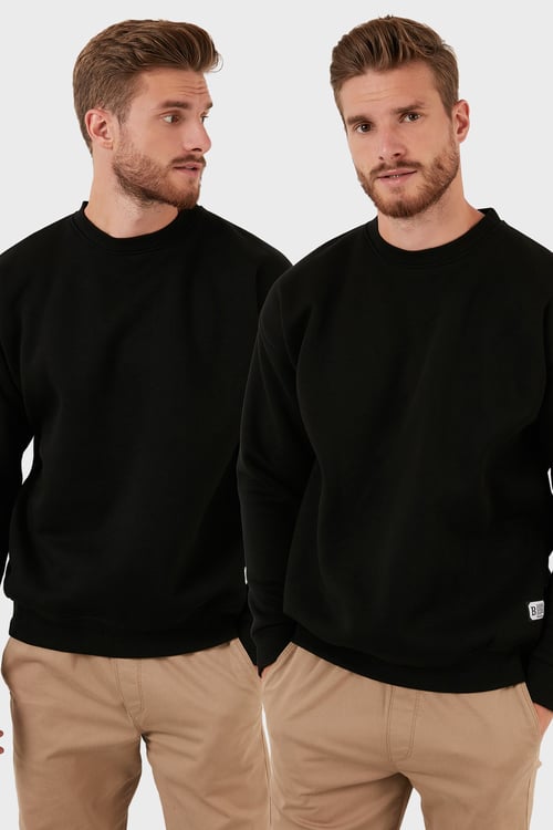 Regular Fit Bisiklet Yaka Şardonlu 2'li Paket Erkek Sweat 5905255S2 SİYAH-SİYAH