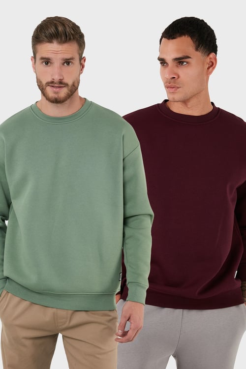 Regular Fit Bisiklet Yaka Şardonlu 2'li Paket Erkek Sweat 5905255S2 ELMA-VİŞNE