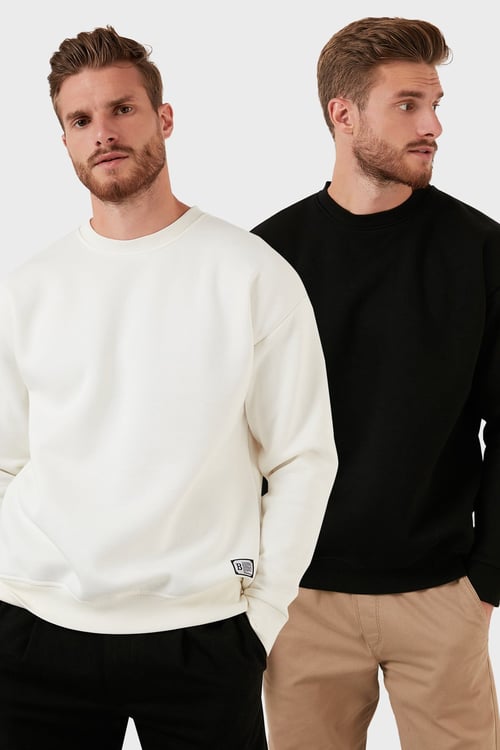 Regular Fit Bisiklet Yaka Şardonlu 2'li Paket Erkek Sweat 5905255S2 EKRU-SİYAH