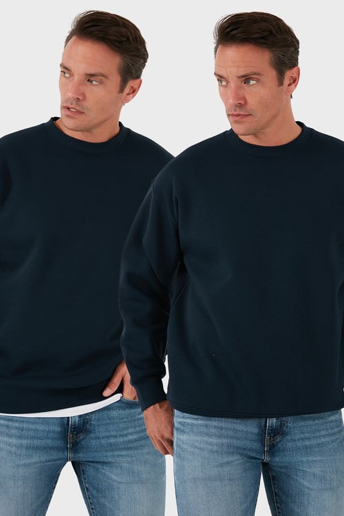 Regular Fit Bisiklet Yaka Şardonlu 2'li Paket Erkek Sweat 5905255S2 Koyu Lacivert-Koyu Lacivert