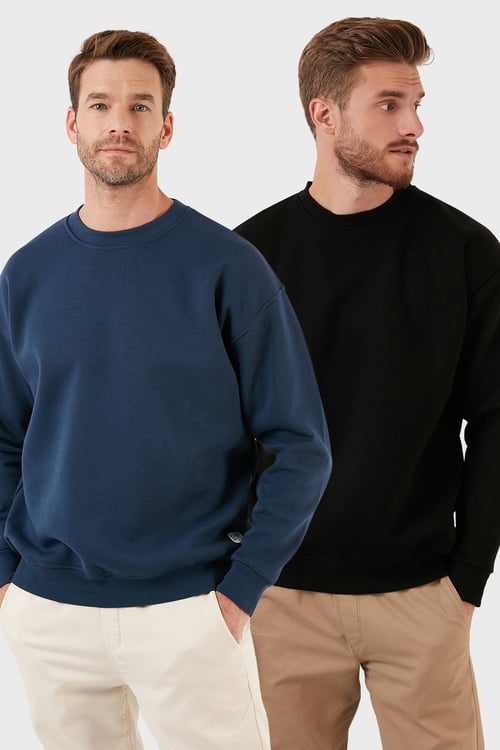 Regular Fit Bisiklet Yaka Şardonlu 2'li Paket Erkek Sweat 5905255S2 SİYAH-İNDİGO