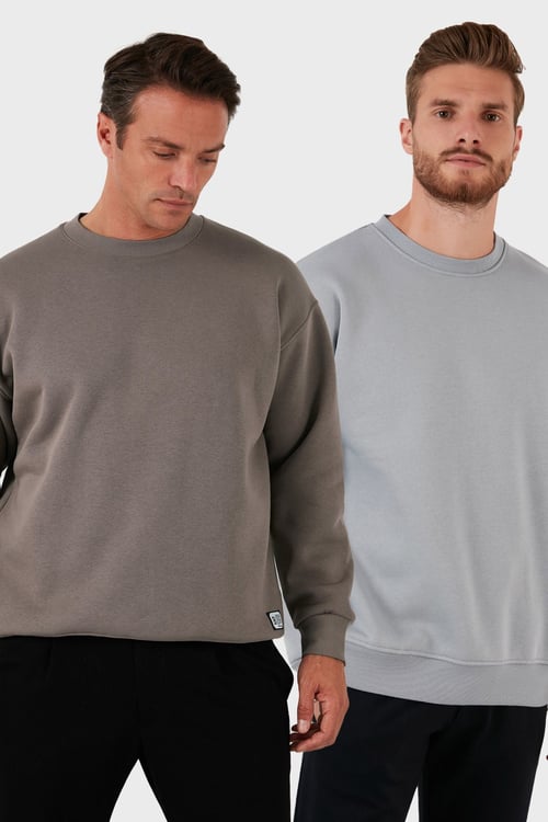 Regular Fit Bisiklet Yaka Şardonlu 2'li Paket Erkek Sweat 5905255S2 TOPRAK-AÇIK GRİ