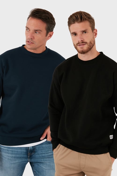 Regular Fit Bisiklet Yaka Şardonlu 2'li Paket Erkek Sweat 5905255S2 Koyu Lacivert-Siyah