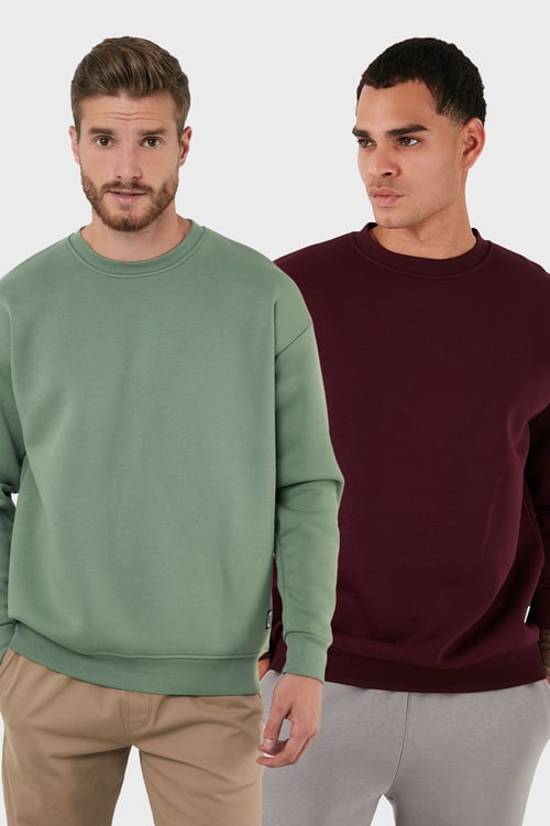 Regular Fit Bisiklet Yaka Şardonlu 2'li Paket Erkek Sweat 5905255S2 ELMA-VİŞNE