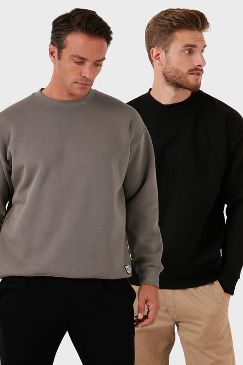 Regular Fit Bisiklet Yaka Şardonlu 2'li Paket Erkek Sweat 5905255S2 SİYAH-TOPRAK