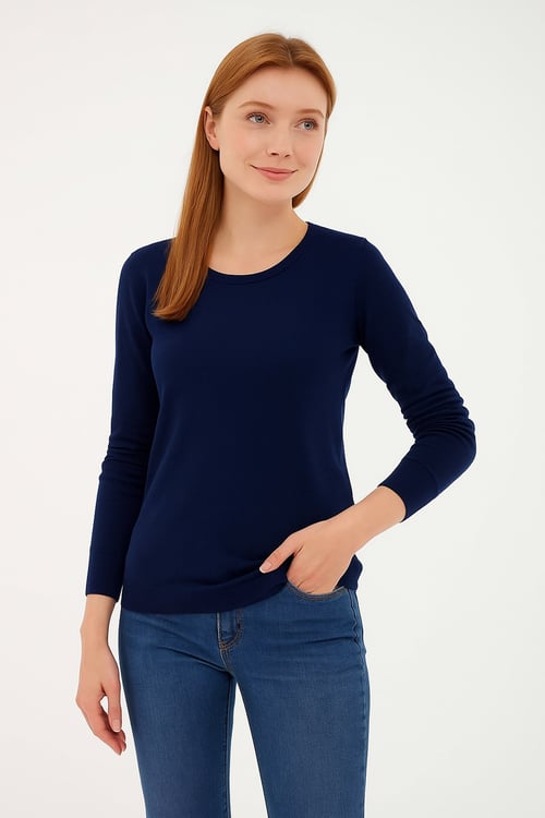 Regular Fit Bisiklet Yaka Triko Kadın Kazak 25K0779K1 LACİVERT