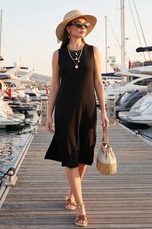 Regular Fit Bisiklet Yaka Yırtmaç Detaylı Basic Midi Kadın Elbise 5866160 SİYAH