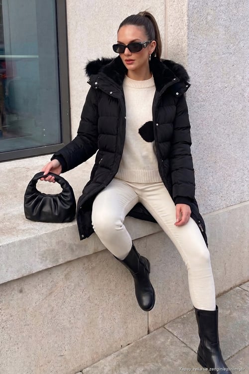 Regular Fit Çıkarılabilir Kapüşonlu Fermuarlı Cepli Şişme Kadın Mont 497EMİLY SİYAH