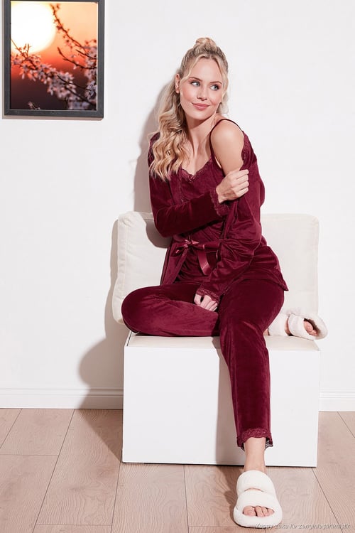 Regular Fit Dantelli Yumuşak Dokulu Sabahlıklı Kadife Kadın Pijama Takımı 6095545 BORDO