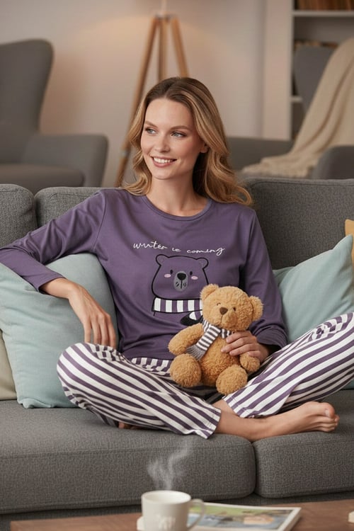 Regular Fit Desenli Bisiklet Yaka Kadın Pijama Takımı 65719102 LİLA