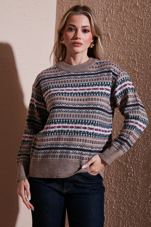 Regular Fit Desenli Bisiklet Yaka Kadın Kazak 25K0092K1 VİZON