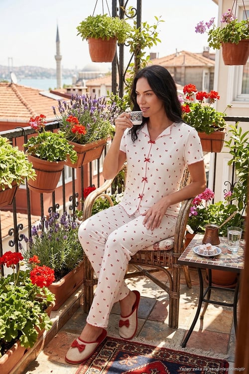 Regular Fit Desenli V Yaka Kısa Kollu Kadın Pijama Takımı 65770836 BEYAZ-KIRMIZI