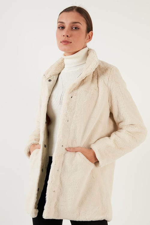 Regular Fit Dik Yaka Cepli Yumuşak Dokulu Suni Kürk Onlvida Kadın Mont 15164600 TAŞ