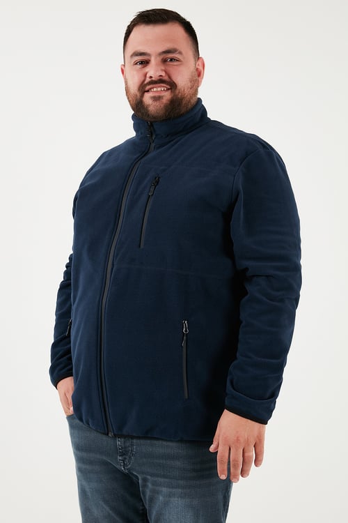 Regular Fit Dik Yaka Fermuarlı Büyük Beden Polar Erkek Hırka 5906028B LACİVERT