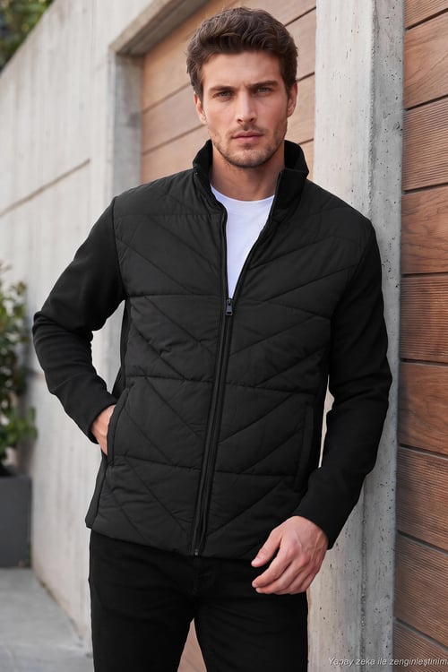 Regular Fit Dik Yaka Kapitoneli Erkek Mont 497PİRLO SİYAH