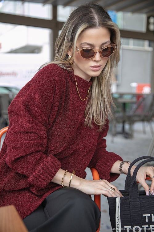 Regular Fit Dik Yaka Yumuşak Dokulu Triko Kadın Kazak 4616222 BORDO