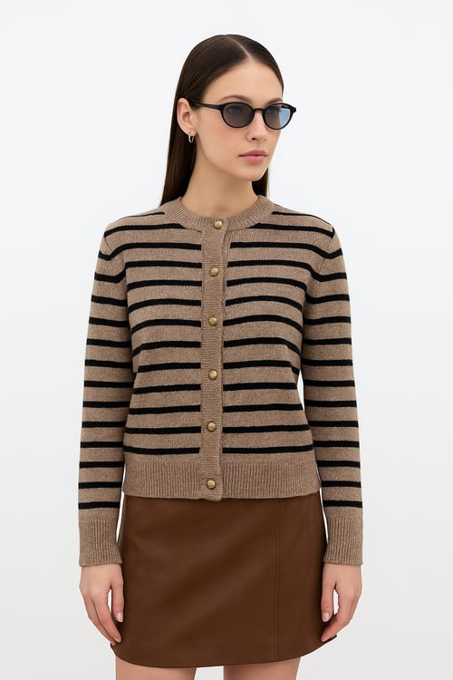 Regular Fit Düğmeli Çizgili Kadın Hırka 25K0288K1 BEJ