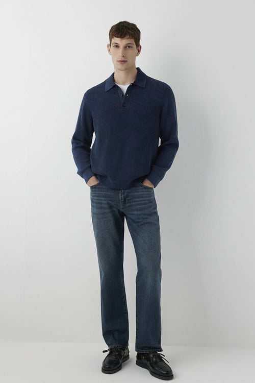 Regular Fit Düğmeli Polo Yaka Fitilli Kazak Erkek Polo Yaka Kazak 0720052-70490 LACİVERT