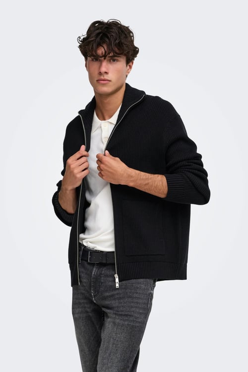 Regular Fit Fermuarlı Dik Yaka Fitilli Triko Erkek Hırka 22039396 SİYAH