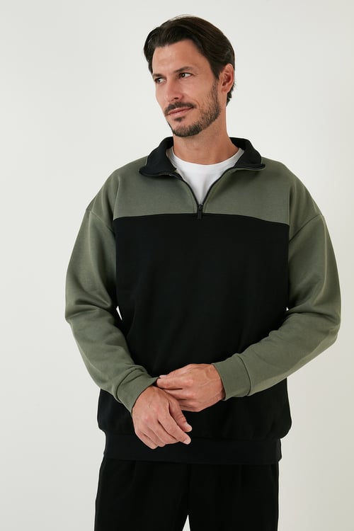 Regular Fit Fermuarlı Dik Yaka İçi Tüylü Yumuşak Şardonlu Kışlık Erkek Sweat 5905343 SİYAH-HAKİ