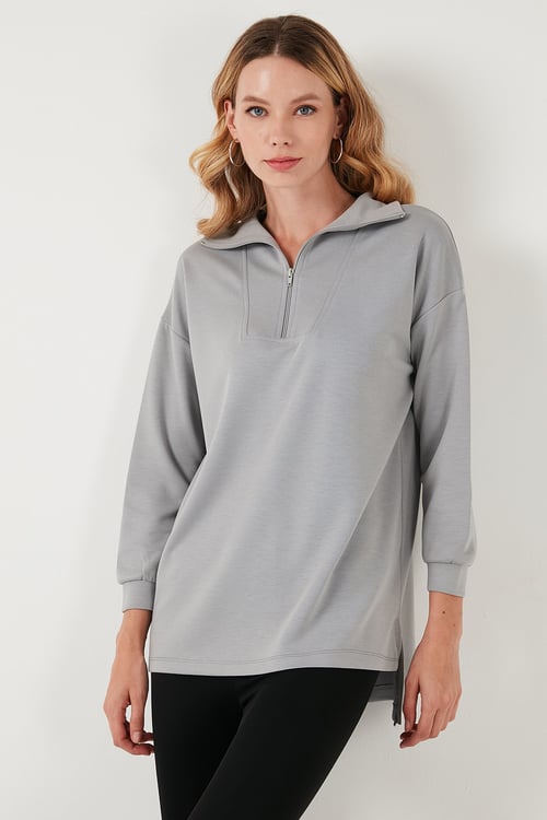 Regular Fit Fermuarlı Yaka Önü Kısa Arkası Uzun Kadın Sweat 5865876 GRİ