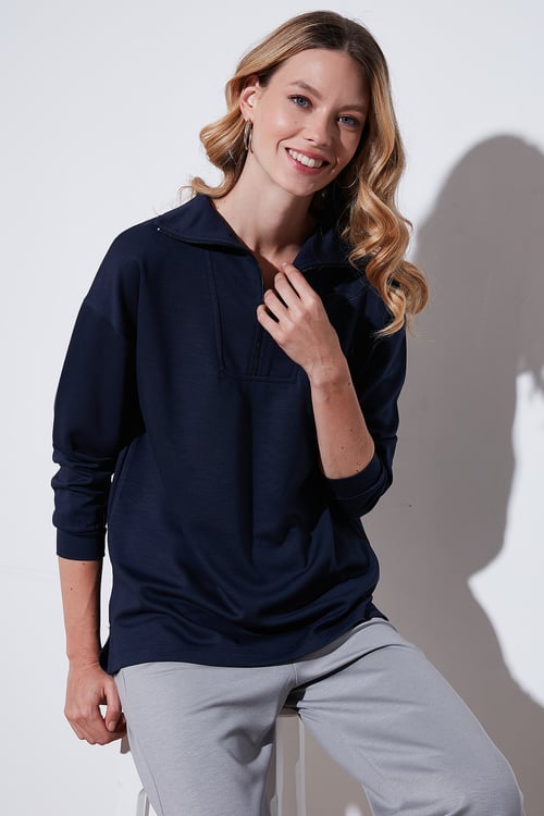 Regular Fit Fermuarlı Yaka Önü Kısa Arkası Uzun Kadın Sweat 5865876 LACİVERT