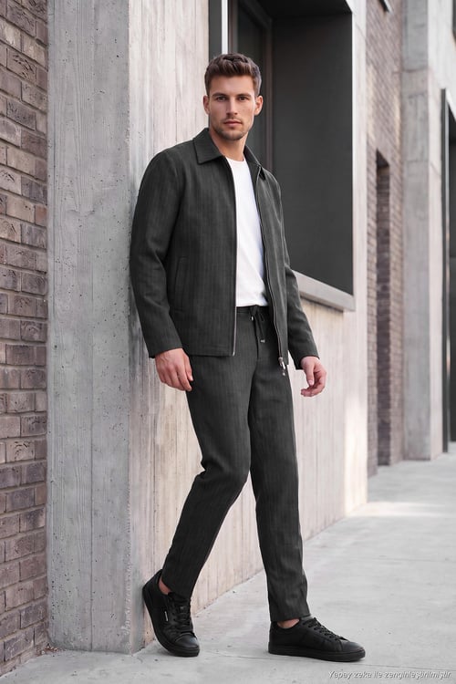 Regular Fit Fit Normal Bel Daralan Paça Erkek Pantolon CF26W6111002 ANTRASİT ÇİZGİLİ
