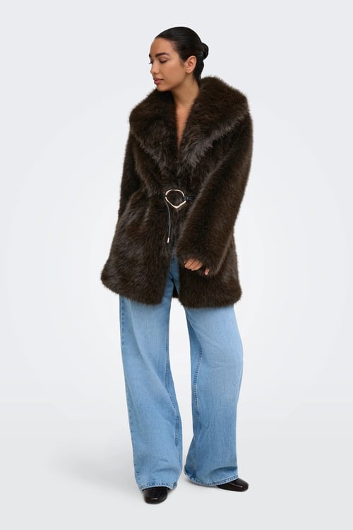 Regular Fit Geniş Yaka Suni Kürk Kadın Mont 15381321 KOYU KAHVE
