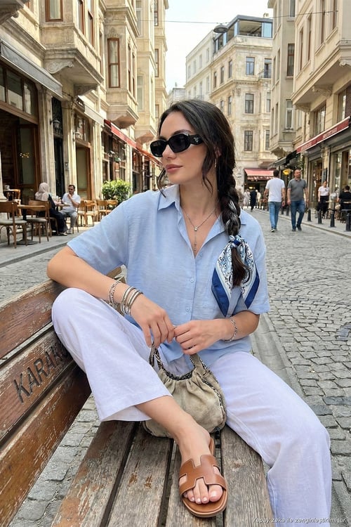 Regular Fit Göğüs Cepli Kısa Kollu Kadın Gömlek 6779324 BEBE MAVİ