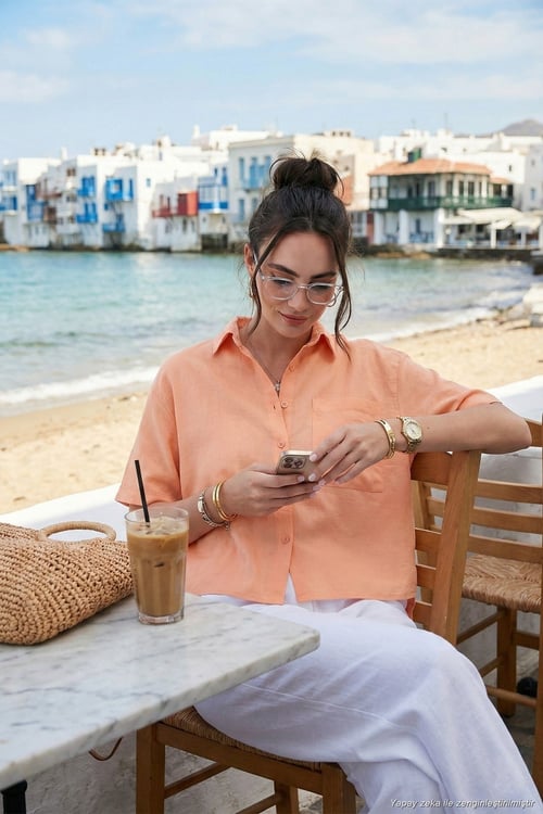 Regular Fit Göğüs Cepli Kısa Kollu Kadın Gömlek 6779324 ORANJ