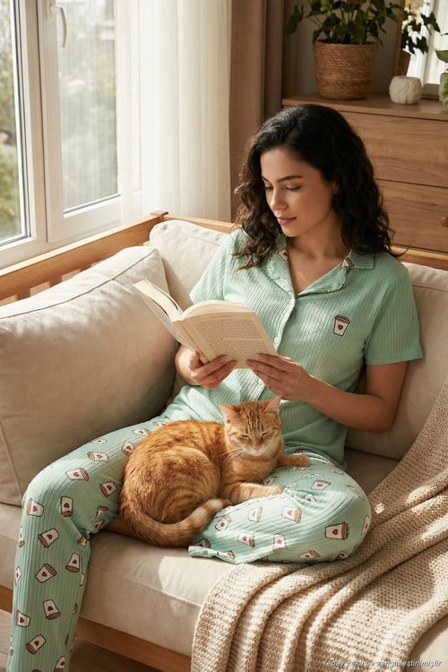 Regular Fit Gömlek Yaka Kısa Kollu Kadın Pijama Takımı 65740102 Mint-Bej