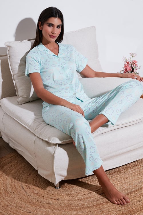 Regular Fit Gömlek Yaka Kısa Kollu Kadın Pijama Takımı 65780124 SU YEŞİLİ
