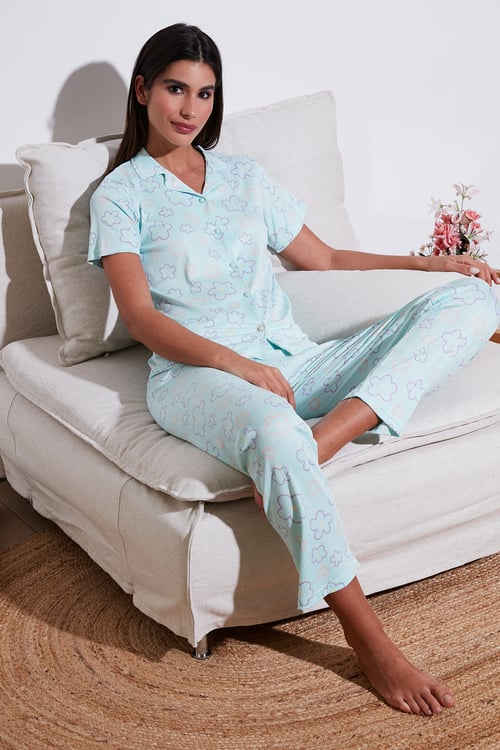 Regular Fit Gömlek Yaka Kısa Kollu Kadın Pijama Takımı 65780124 SU YEŞİLİ