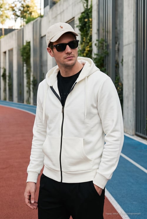 Regular Fit Kapüşonlu Fermuarlı İçi Tüylü Yumuşak Şardonlu Kışlık Erkek Sweat 5905340 EKRU