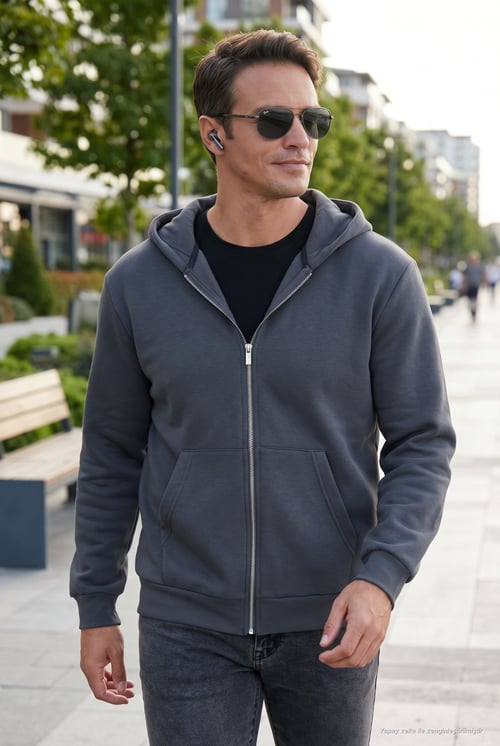 Regular Fit Kapüşonlu Fermuarlı İçi Tüylü Yumuşak Şardonlu Kışlık Erkek Sweat 5905340 ANTRASİT