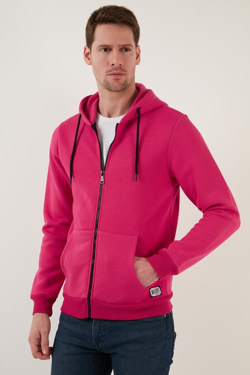 Regular Fit Kapüşonlu Fermuarlı İçi Tüylü Yumuşak Şardonlu Kışlık Erkek Sweat 5905340 FUŞYA