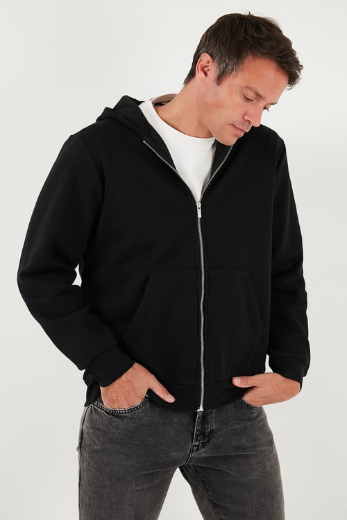 Regular Fit Kapüşonlu Fermuarlı İçi Tüylü Yumuşak Şardonlu Kışlık Erkek Sweat 5905340 SİYAH