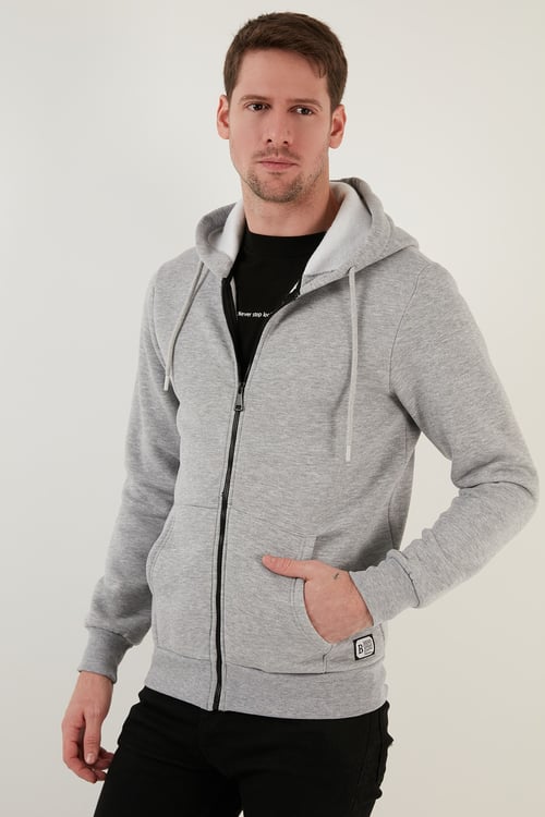 Regular Fit Kapüşonlu Fermuarlı İçi Tüylü Yumuşak Şardonlu Kışlık Erkek Sweat 5905340 GRİ MELANJ