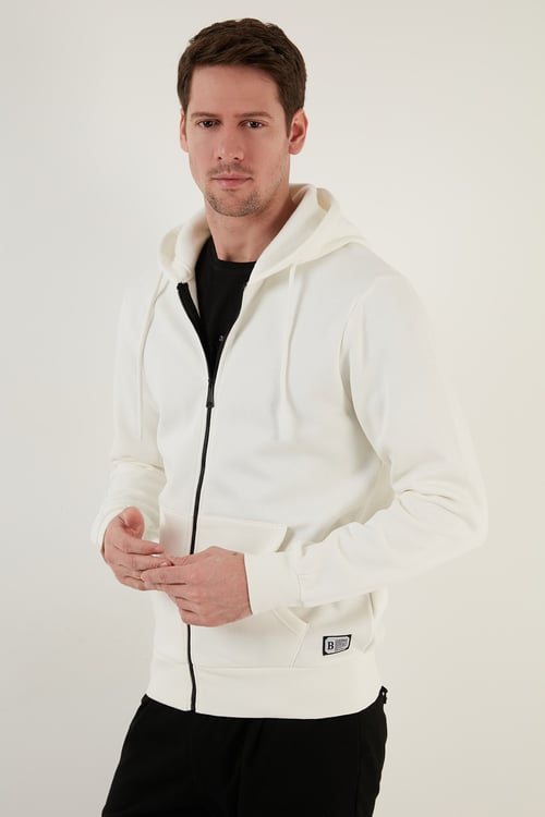 Regular Fit Kapüşonlu Fermuarlı İçi Tüylü Yumuşak Şardonlu Kışlık Erkek Sweat 5905340 EKRU