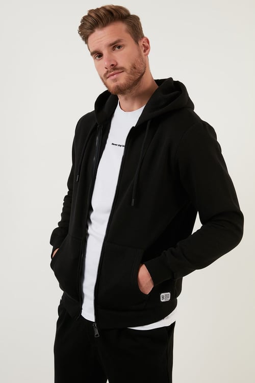 Regular Fit Kapüşonlu Fermuarlı İçi Tüylü Yumuşak Şardonlu Kışlık Erkek Sweat 59053403W4 SİYAH